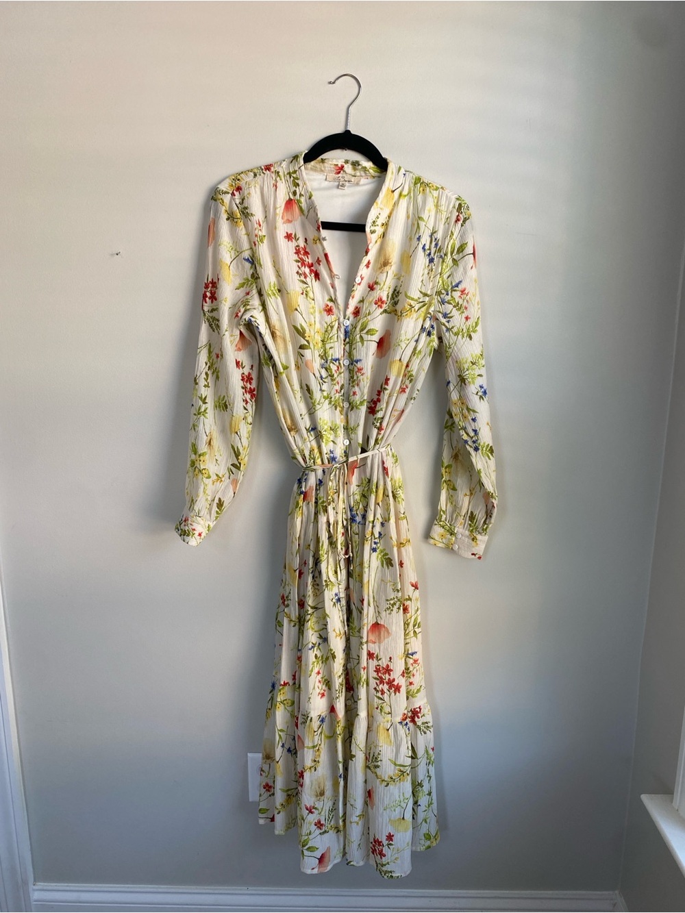 Les Serein Whimsical Botanical Tie-Waist Maxi Dress in Cream